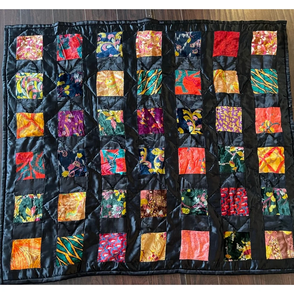 Vintage 60s Boho Patchwork Velvet Quilt Throw + Pillow Sham India Decor